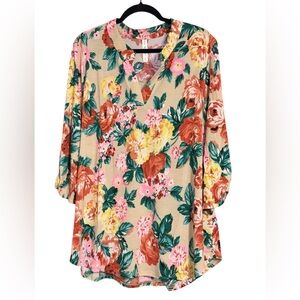 Dear Scarlett Beige Floral Quarter Sleeve Lizzy NWT Sz XL-2X
